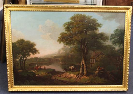 Attributed to Anthony Thomas Devis (1729-1816) River landscapes with cattle and equestrian figure 24 x 36in.